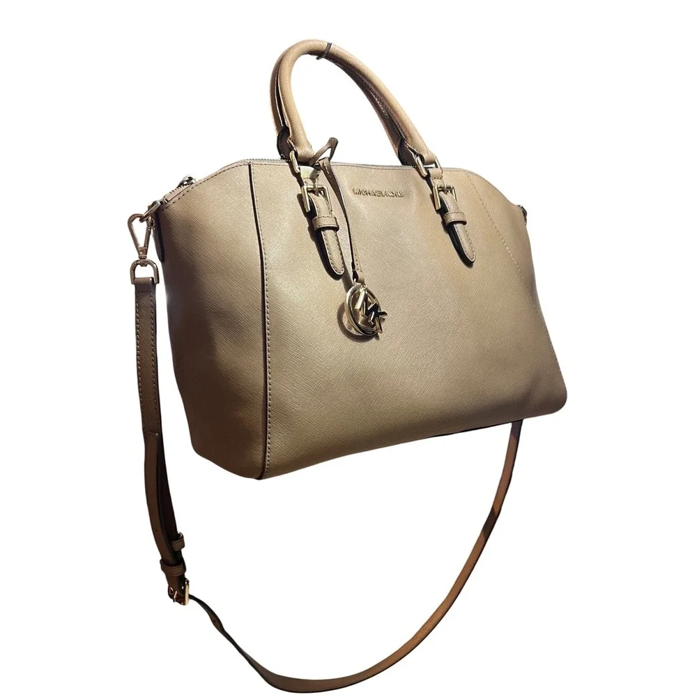 Michael Kors Saffiano Leather Satchel Bag Tan Gold Hardware Crossbody 30S4GTVS6L